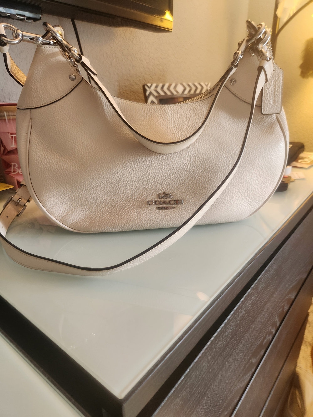 Coach Cream Pebbled Leather Shoulder Bag with Silver Hardware
